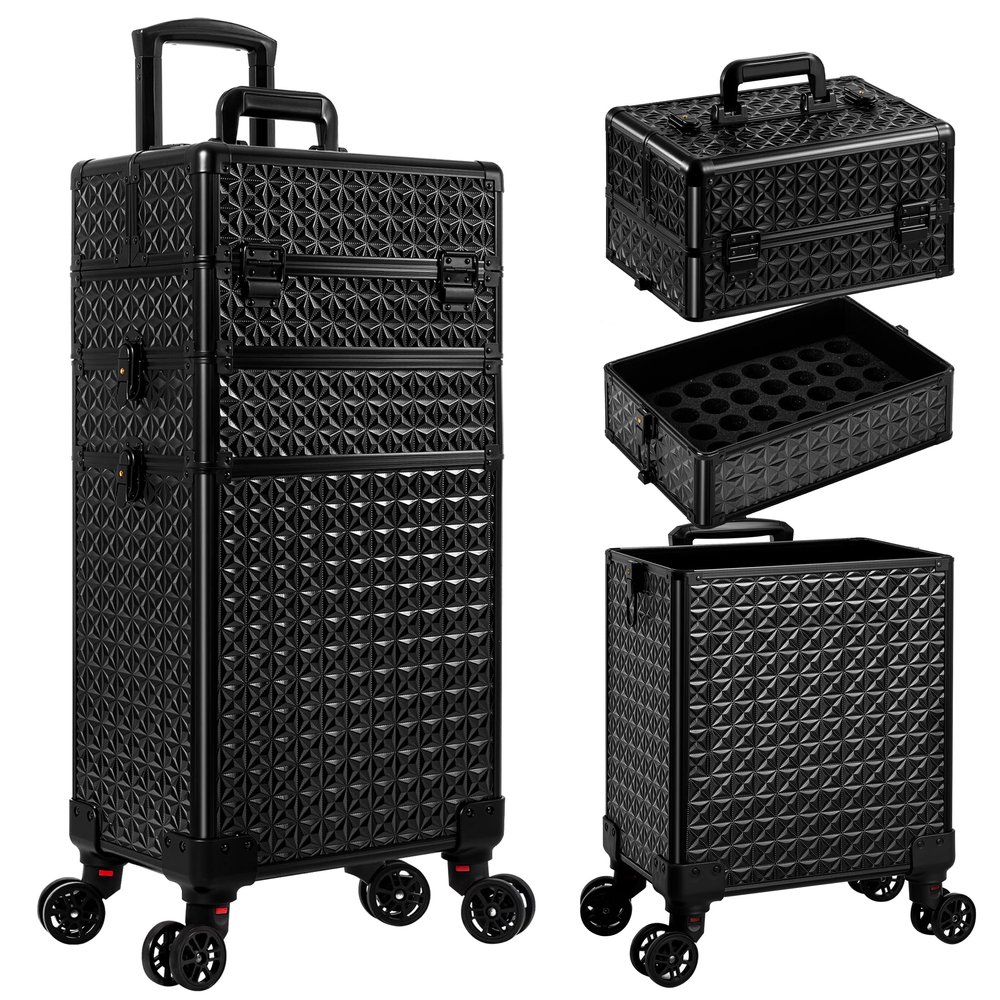 JINGUAN 3 in 1 Rolling Makeup Train Case Professional Large Cosmetic Trolley Cosmetology Case on Wheels Traveling Cart Trunk for Hairstylist Artist Nail Beauty Salon Barber, Black