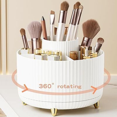 360 Rotating Makeup Brush Holder Organizer, Makeup Organizers Countertop, Makeup organization Skincare Storage for Vanity, Desktop, Bathroom (White)