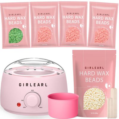 GIRLEARLE Pink Wax Warmer Kit for Women and Men + 1lb Cream Hard Wax Beads at Home, Multiple Formulas Target Different Types of Hair for Sensitive Skin Body, Brazilian Bikini, Eyebrow, Facial