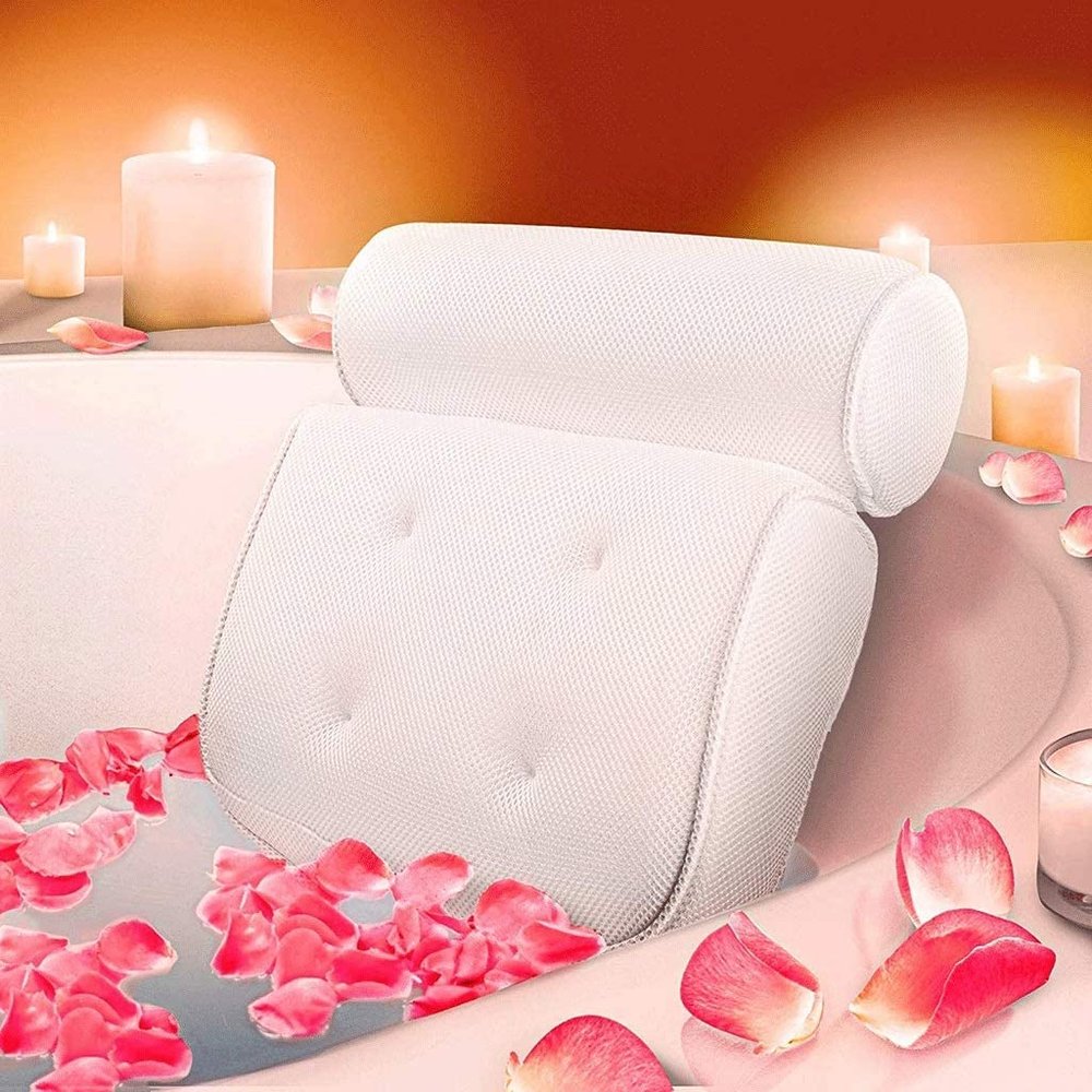Bath Pillow Bathtub Pillow, Bath Pillow Comfort Bath Pillow, 3D Mesh Bathtub Spa Cushion Waterproof Headrest with Non-Slip Strong Suction Cups for Cushion Head Neck Shoulder and Back Support Bath Cush