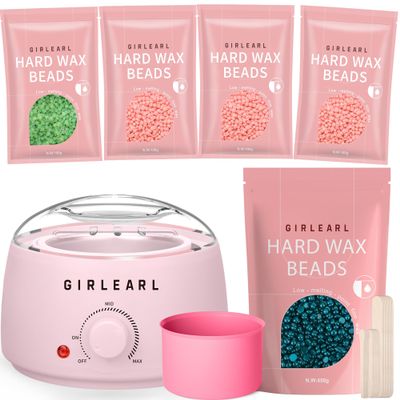 GIRLEARLE Pink Waxing Kit + 1lb Jasmine Hard Wax Beads at Home, Multiple Formulas Target Different Types of Hair for Brazilian Bikini, Facial, Leg, Full body