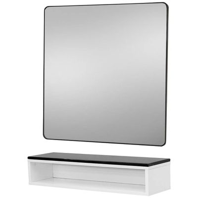 Pibbs 6003 Color Cubby Styling Station with 30" x 36" Black Frame Mirror - White Wood Cabinet, Durable Black Stone Top, Wall-Mounted Compact Salon Station, Fully Assembled, PIB-6003-MIR-WHT-BLKFR