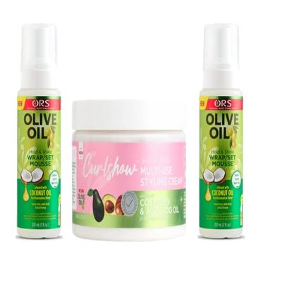 ORS Olive Oil Hold & Shine Wrap Set Mousse Infused with Coconut Oil for Restorative Shine - Multi-Use Styling Cream Infused with Collagen & Avocado Oil for Strength & Length - Bundle