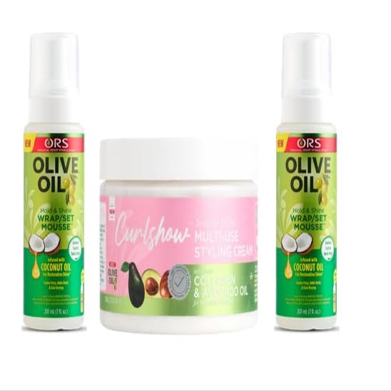 ORS Olive Oil Hold & Shine Wrap Set Mousse Infused with Coconut Oil for Restorative Shine - Multi-Use Styling Cream Infused with Collagen & Avocado Oil for Strength & Length - Bundle