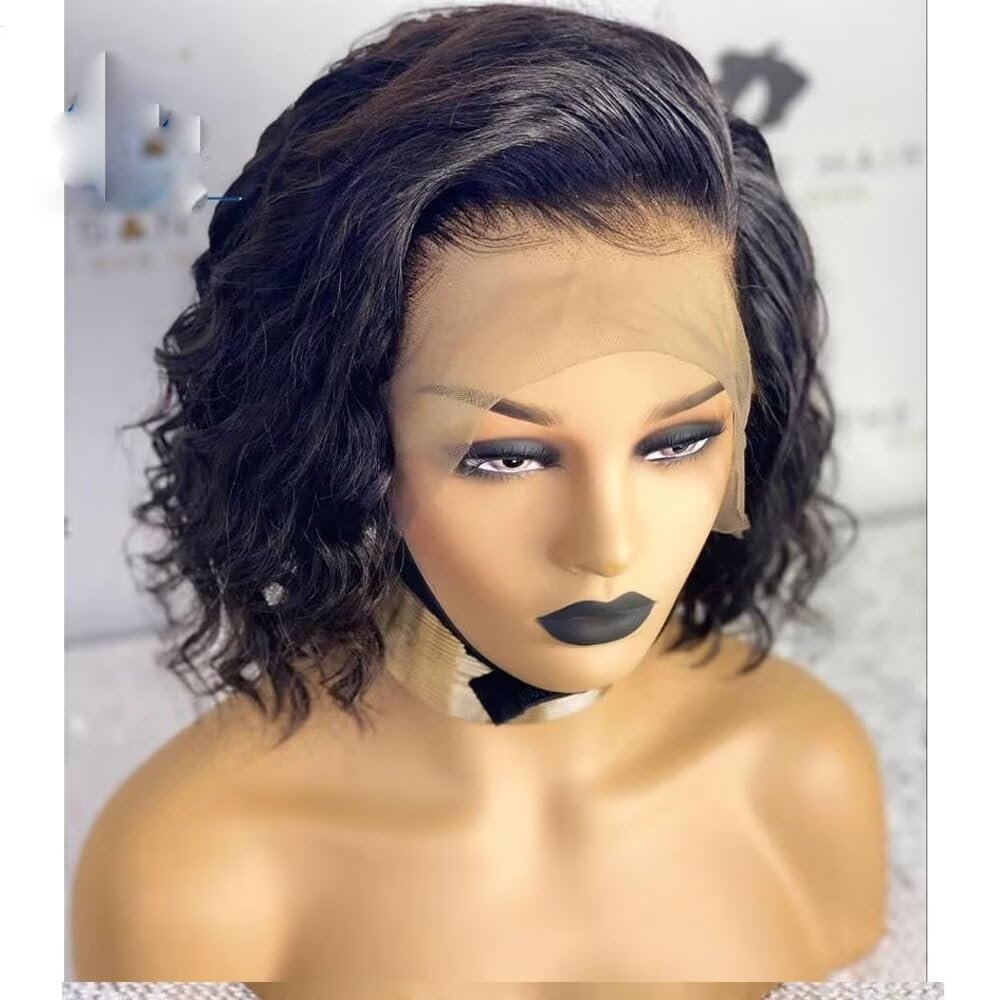 13x6 Curly Bob Lace Front Human Hair Wigs For Black Women Water Wave Short Bob Wig Brazilian Natural Black Wig Glueless Pre Plucked with Baby Hair Deep Wave Wig 150% Density 14Inch