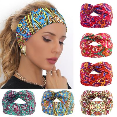 SAWINDA 6 Pack Wide Headbands for Women Boho Twist Knotted Head Bands Elastic Stretchy Hair Bands Non-Slip for Girls Vintage Knotted Head Wraps Turbans Yoga Workout Hair Accessories (Geometric)