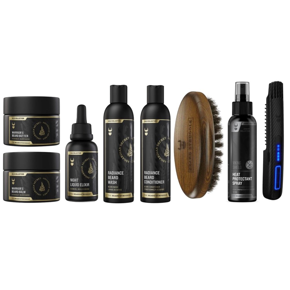 The Beard Struggle Inferno Beard Growth Kit - Includes Oils, Balm, Butter, Wash, Conditioner, Brush, Heat Spray, and the Carbon X Heated Straightener - Asgardian Secret