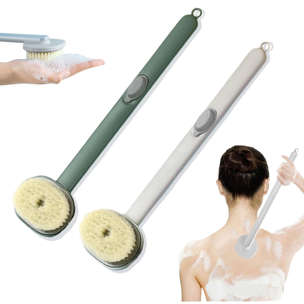 2024 Newest Body Scrubbers for Use in Shower, Long Handled Scrub Brush for Shower, Skin Scrubber/Long Handle Bath Massage Cleaning Brush with Soap Dispenser for Women Men (1PC Green +1PC Blue)