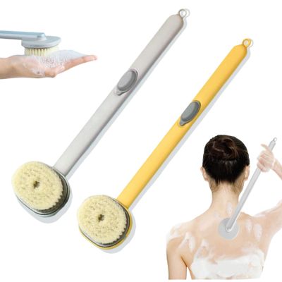 2024 Newest Body Scrubbers for Use in Shower, Long Handled Scrub Brush for Shower, Skin Scrubber/Long Handle Bath Massage Cleaning Brush with Soap Dispenser for Women Men (1PC Yellow +1PC Blue)