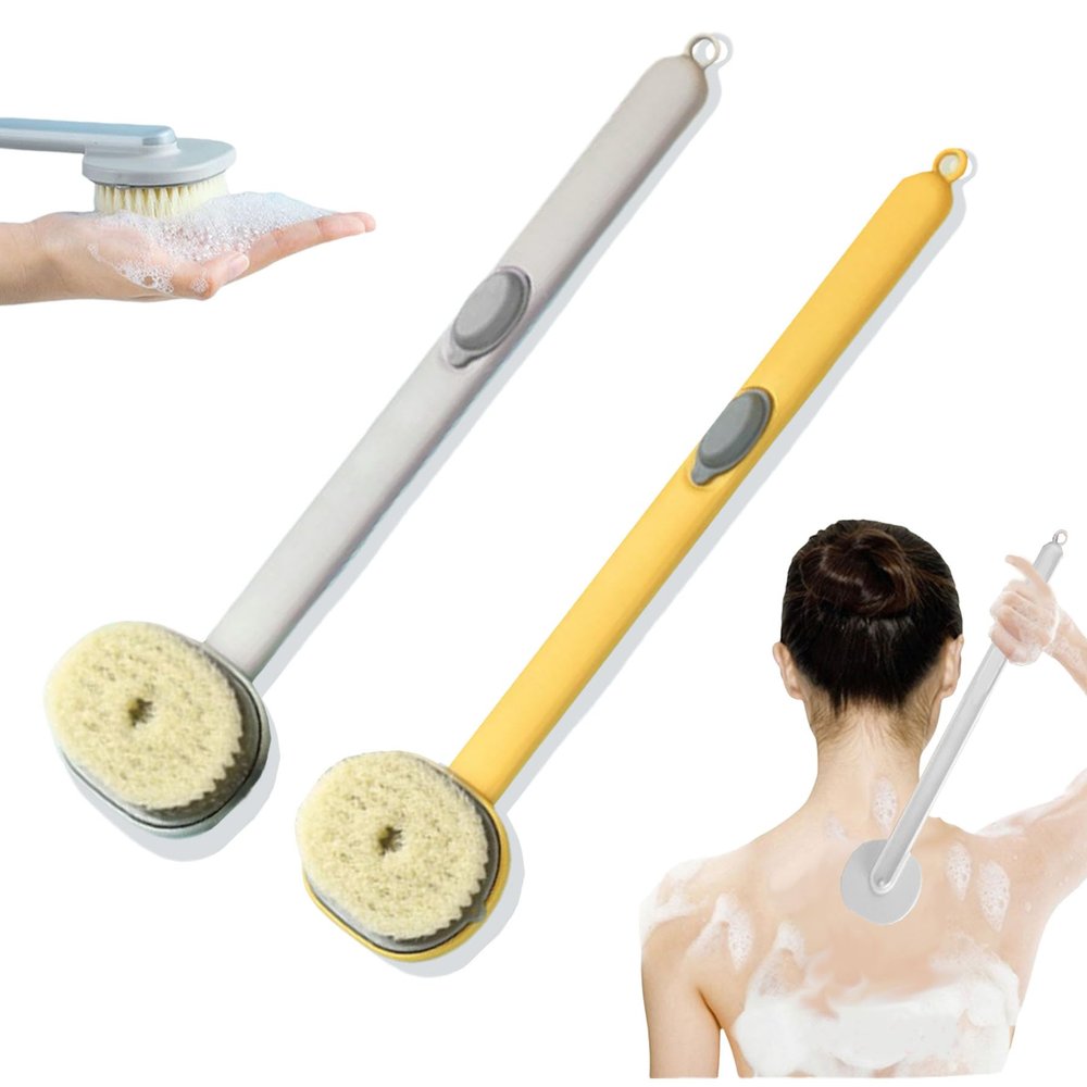 2024 Newest Body Scrubbers for Use in Shower, Long Handled Scrub Brush for Shower, Skin Scrubber/Long Handle Bath Massage Cleaning Brush with Soap Dispenser for Women Men (1PC Yellow +1PC Blue)
