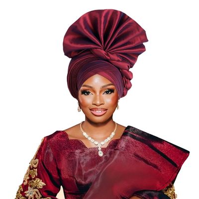 2024 African Female Turban Cap Women's Auto gele Headtie Nigeria Raw Silk Fan Gele Wedding Party Head Wraps Headwear Turbante (Burgundy)