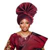 2024 African Female Turban Cap Women's Auto gele Headtie Nigeria Raw Silk Fan Gele Wedding Party Head Wraps Headwear Turbante (Burgundy) view 1