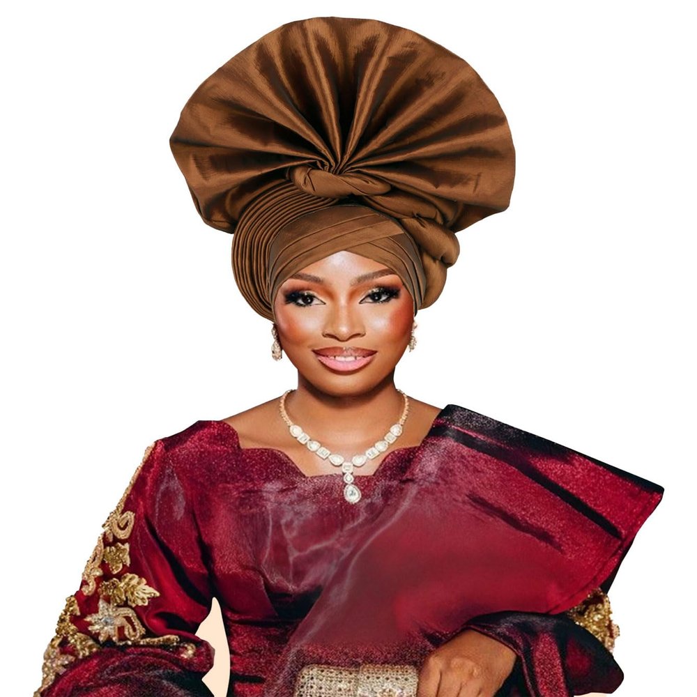 2024 African Female Turban Cap Women's Auto gele Headtie Nigeria Raw Silk Fan Gele Wedding Party Head Wraps Headwear Turbante (Coffee)