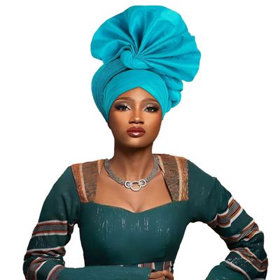 2024 African Female Turban Cap Women's Auto gele Headtie Nigeria Raw Silk Fan Gele Wedding Party Head Wraps Headwear Turbante (Lake Blue)
