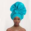 2024 African Female Turban Cap Women's Auto gele Headtie Nigeria Raw Silk Fan Gele Wedding Party Head Wraps Headwear Turbante (Lake Blue) view 2