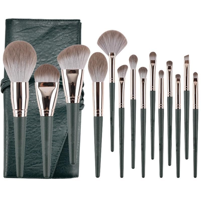 14Pcs Makeup Brushes Set Green Large Fluffy Soft Eye Shadow Foundation Brush super soft bristles for beginners Women Powder Blush Blending Beauty Make Up Tools