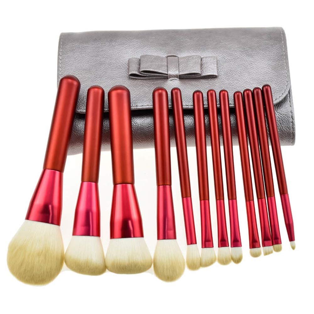 IBDRYKK 12PCS Makeup Brush Set - Soft Synthetic Fiber Hair Red Liquid Eyeliner Eye Shadow Lip Brush(Color:Red+Gray brush bag)