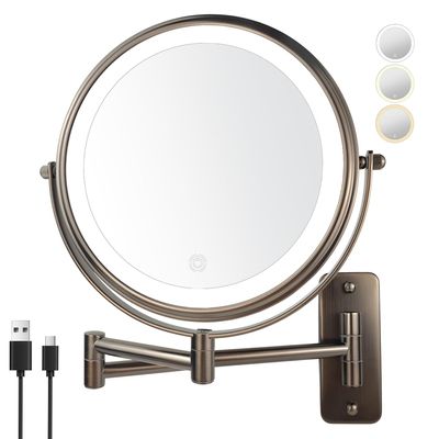 JANEEVA 8 inch Wall Mounted Lighted Makeup Mirror, Rechargeable Double Sided 1X/10X Magnifying Mirror with 3 Color Lights, Touch Dimming Vanity Mirror for Bathroom,Oil Rubbed Bronze