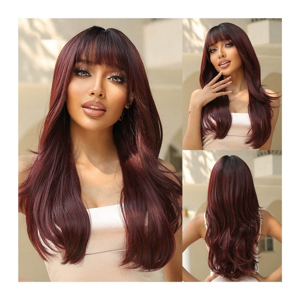 YUXING1205 Daily Use Wig Heat Resistant Fibre Long Wavy Synthetic Black Wigs with Bangs for Black Women Afro Natural Wave Hair Cosplay(Color:LC8074-1)