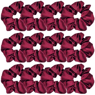 12 Pcs Satin Silk Scrunchies Soft Hair Ties, Fashion Hair Bands, Bows, Ropes, Elastic Ponytail Holders, Hair Accessories for Women and Girls (4.3 Inch, Wine Red)