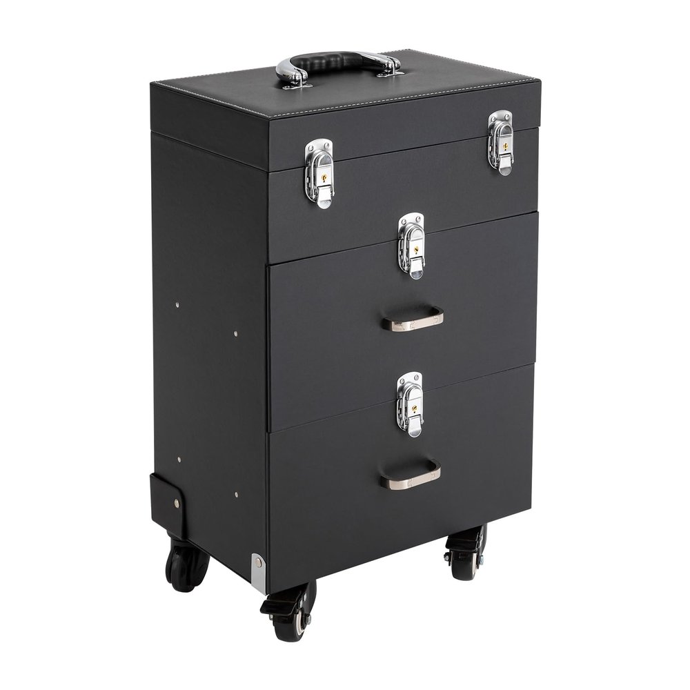 BAIODNB Rolling Makeup Train Case, 3 Trays Cosmetic Case Trolley,Nail Travel Case for nail tech Make Up Suitcase Cosmetic Trolley, Makeup Suitcase with Wheels (Black)