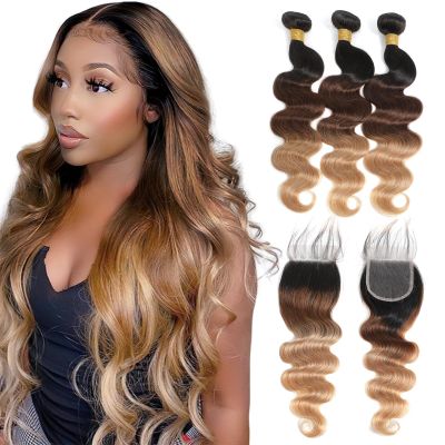 10A Ombre Human Hair Bundles With Closure 100% Brazilian Virgin Human Hair Body Wave Ombre Hair 3 Tone Black to Blonde Brazilian Remy Hair Bundles (T1B/4/27,16 18 20+14)