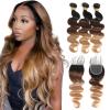 10A Ombre Human Hair Bundles With Closure 100% Brazilian Virgin Human Hair Body Wave Ombre Hair 3 Tone Black to Blonde Brazilian Remy Hair Bundles (T1B/4/27,16 18 20+14) view 1