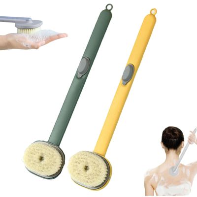 2024 Newest Body Scrubbers for Use in Shower, Long Handled Scrub Brush for Shower, Skin Scrubber/Long Handle Bath Massage Cleaning Brush with Soap Dispenser for Women Men (1PC Yellow +1PC Green)