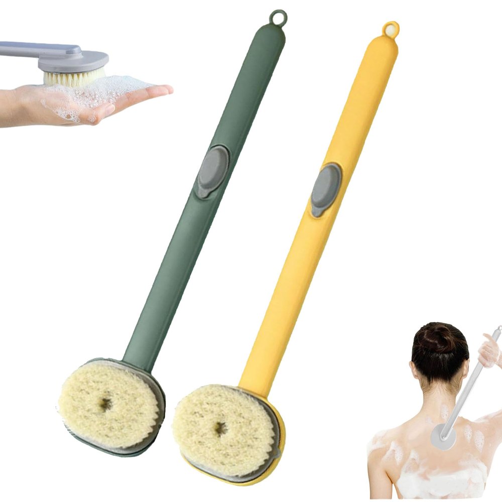 2024 Newest Body Scrubbers for Use in Shower, Long Handled Scrub Brush for Shower, Skin Scrubber/Long Handle Bath Massage Cleaning Brush with Soap Dispenser for Women Men (1PC Yellow +1PC Green)