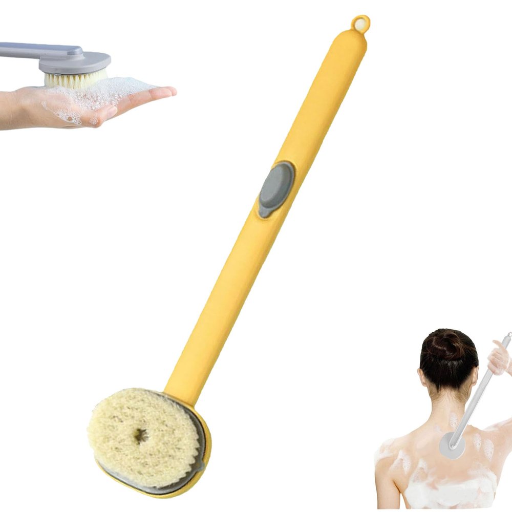 2024 Newest Body Scrubbers for Use in Shower, Long Handled Scrub Brush for Shower, Skin Scrubber/Long Handle Bath Massage Cleaning Brush with Soap Dispenser for Women Men (1PC Yellow)
