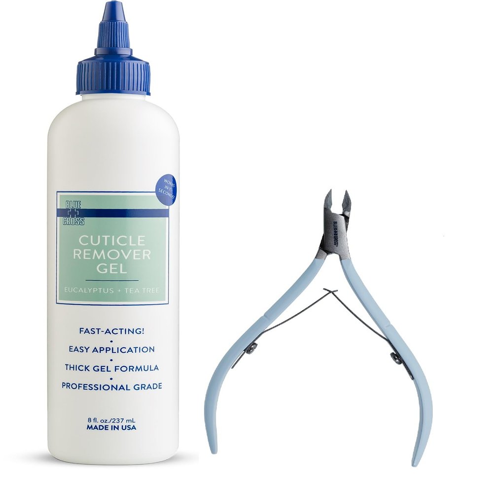 Blue Cross Professional Nail Care, Hydrating, Moisturizing, Strengthening Cuticle Remover + Softener Gel in Eucalyptus/Tea Tree with 6mm Jaw Cuticle Nippers, 2 Pack