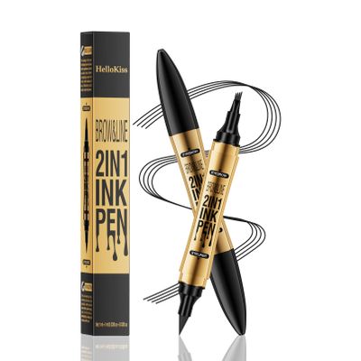 2 in 1 Microblading Eyebrow Pen with Eyeliner Pencil,3D Waterproof Magic Brow Pencil with 4 Fork Tip Multifunctional Double Head Microblade Eyebrow Pencil Waterproof and Long-Lasting (black)