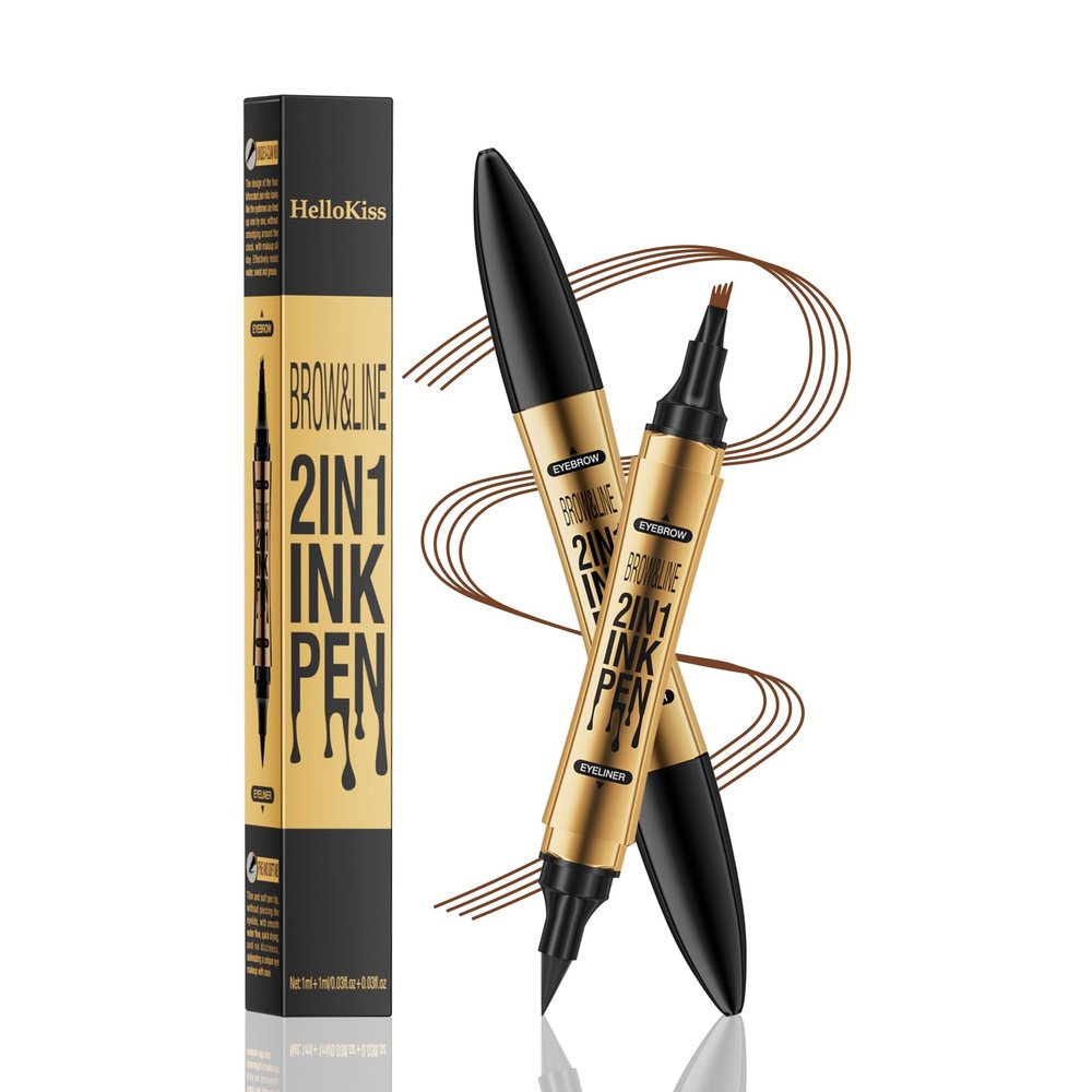 2 in 1 Microblading Eyebrow Pen with Eyeliner Pencil,3D Waterproof Magic Eyebrow Pencil with 4 Fork Tip Multifunctional Double Head MicrobladeWaterproof and Long-Lasting (Brown)