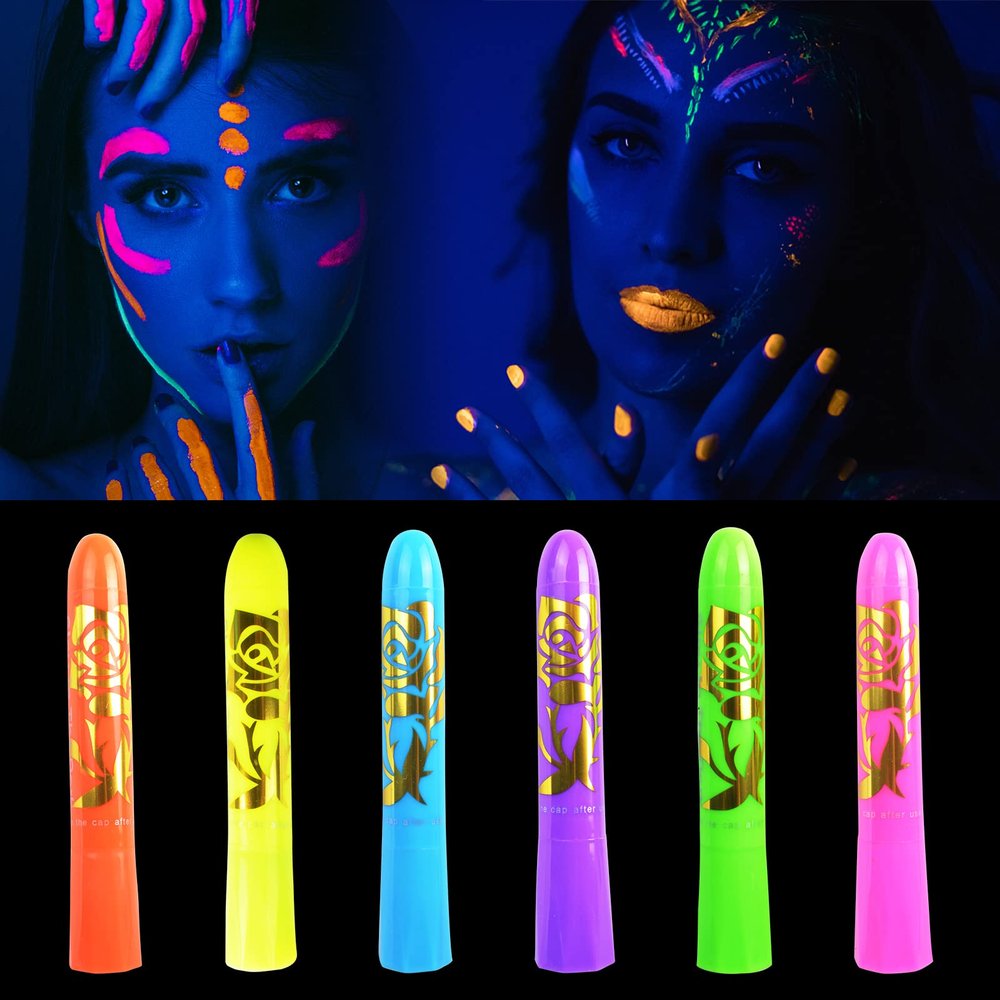 6Pcs Glow in The Dark Body Face Paint Neon Glow in The Black Light UV Fluorescent Crayons Paint Sticks Makeup Kit for Adults Halloween Masquerade Mardi Gras Blacklight Birthday Party