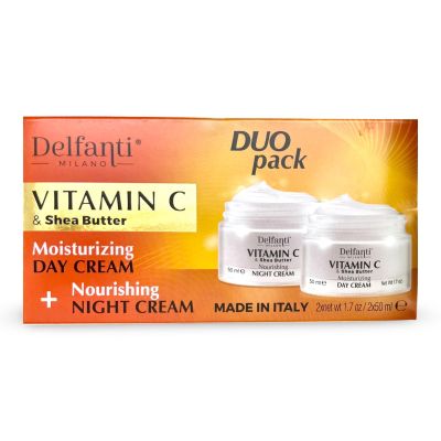 Delfanti-Milano  VITAMIN C & SHEA BUTTER DUO pack  Day + Night Creams  Face, Neck Dcollet Moisturizing and Nourishing Cream for renewed complexion  Made in Italy
