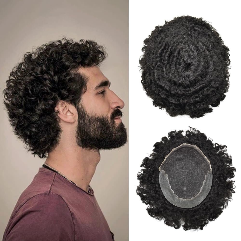 WigVivid Lace Front Afro Curl Toupee for Black Men African American Afro Kinky Curly Brazilian Human Hair Unit for Black Men Breathable Afro Mens Toupee 8x10 inch (#1 Jet Black-20mm wave)