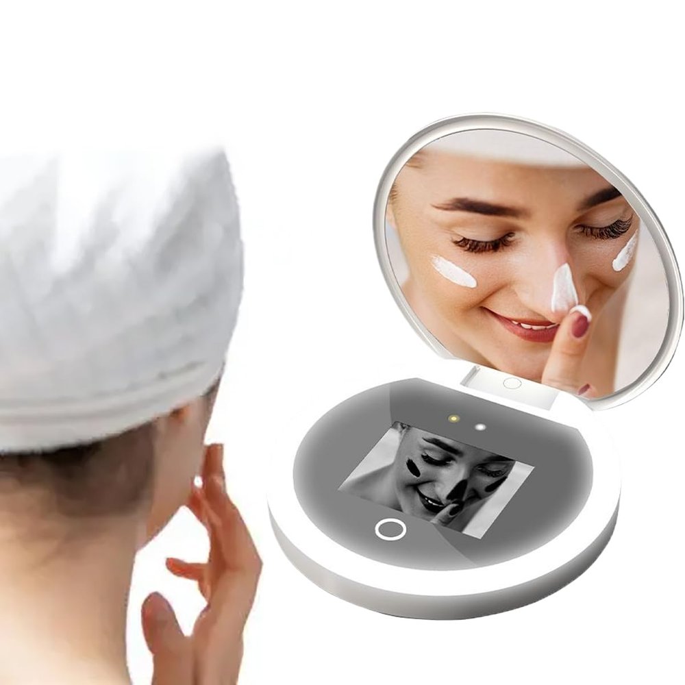 Led Lighted Travel Makeup Mirror, Plane Mirror, Compact Mirror With Uv Camera For Portable Travel Mirror, Sun Protection Test Mirror, 3 Color Fill Light, USB Rechargeable, Hand Held Mirror, Diameter 9