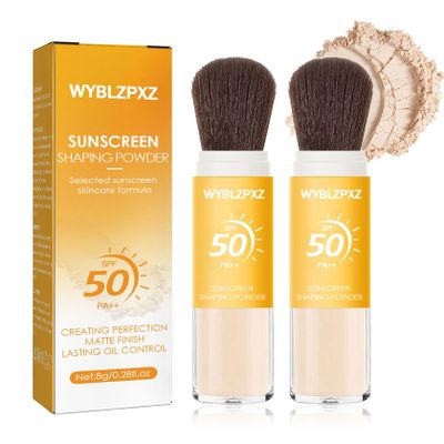 2 Pcs Mineral Sunscreen Setting Powder SPF50 PA++ for Face,Long-Lasting Oil Control Sunscreen Brush Powder,Matte Transparent Facial Powder Sunscreen,All Skin