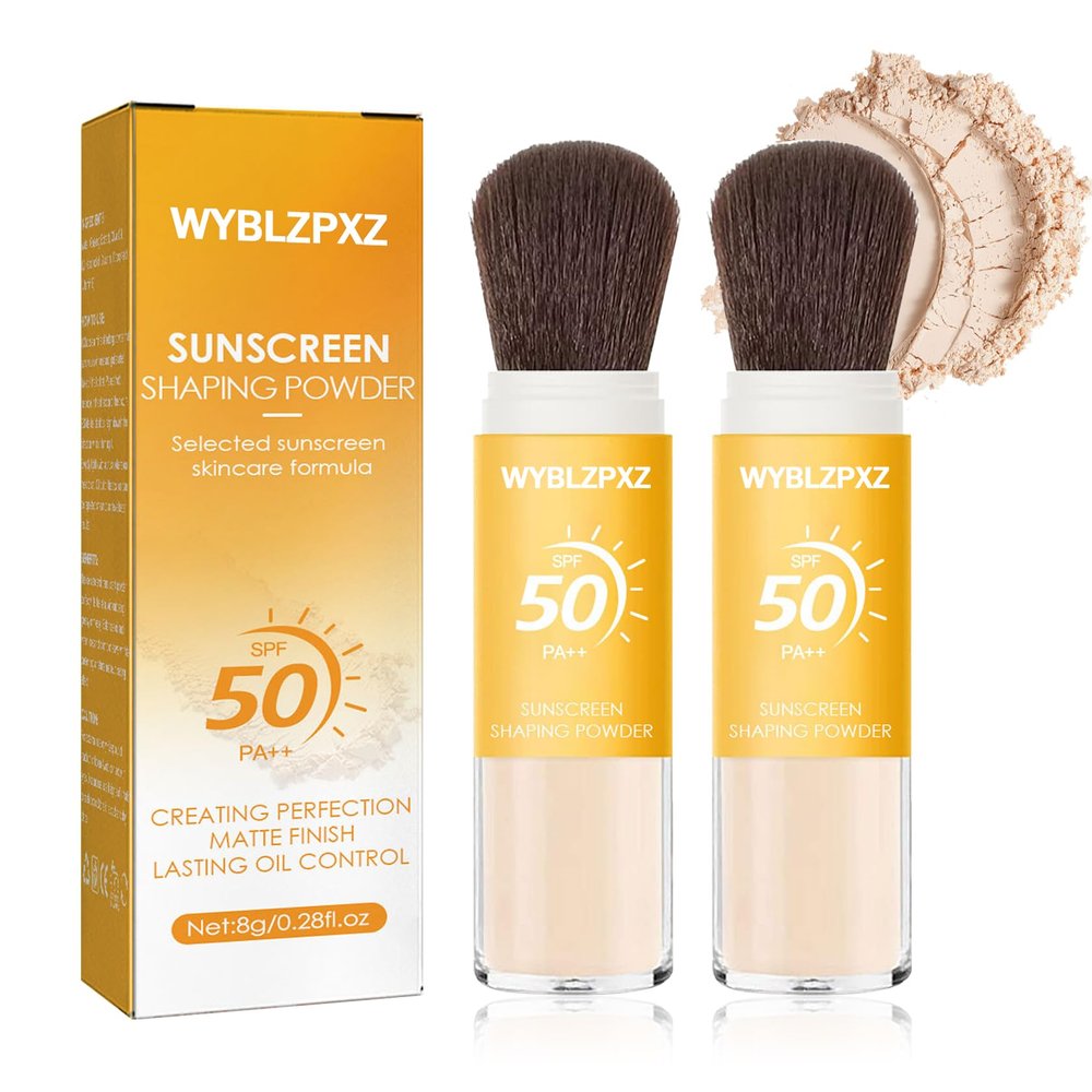 2 Pcs Mineral Sunscreen Setting Powder SPF50 PA++ for Face,Long-Lasting Oil Control Sunscreen Brush Powder,Matte Transparent Facial Powder Sunscreen,All Skin
