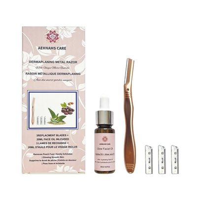 AEHNAMS Care Facial Exfoliation Dermaplaner Metal Razor Set with Face Oil 20ml, 3 Replacement Blades, Rose Gold