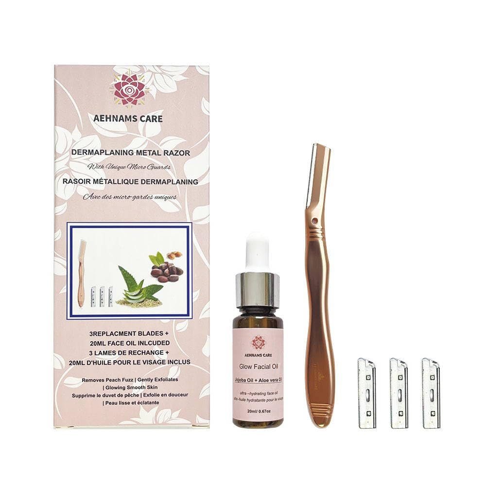 AEHNAMS Care Facial Exfoliation Dermaplaner Metal Razor Set with Face Oil 20ml, 3 Replacement Blades, Rose Gold