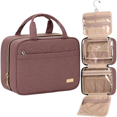 NISHEL Travel Toiletry Bag for women, Portable Hanging Organizer for Travel-Sized Shampoo, Conditioner, Brushes Set, Makeup Accessories, Medium Size, Rosewood-Pink