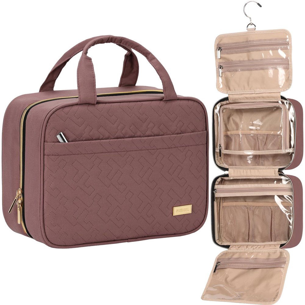 NISHEL Travel Toiletry Bag for women, Portable Hanging Organizer for Travel-Sized Shampoo, Conditioner, Brushes Set, Makeup Accessories, Medium Size, Rosewood-Pink
