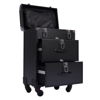 KWHXJ Aluminum Rolling Makeup Train Case, Portable Makeup Organizer Suitcase, Cosmetic Storage Box, Travel Beauty Luggage Trolley Lockable w/4 Removable Wheels & 2 Sliding Drawers (Black)