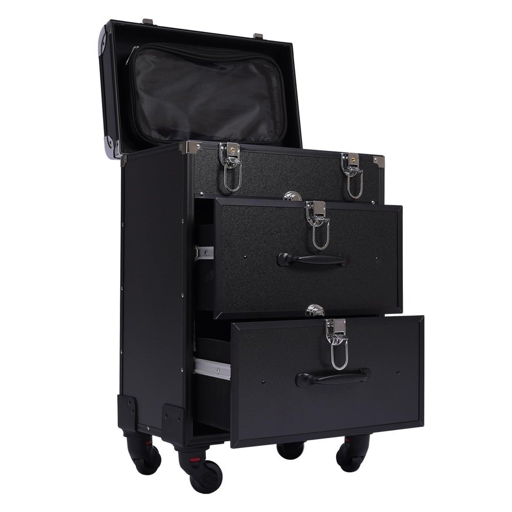 KWHXJ Aluminum Rolling Makeup Train Case, Portable Makeup Organizer Suitcase, Cosmetic Storage Box, Travel Beauty Luggage Trolley Lockable w/4 Removable Wheels & 2 Sliding Drawers (Black)
