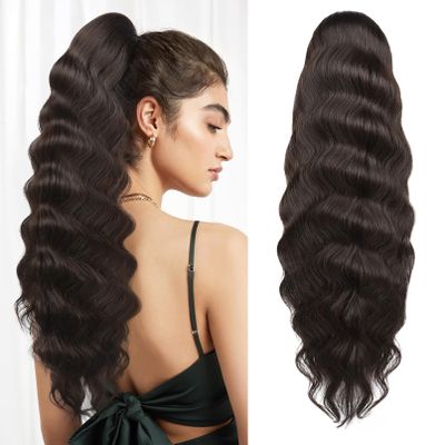 FLUFYMOOZ Ponytail Extension, 26 Inch Wavy Drawstring Ponytail Long Ponytail Hair Extension Soft Synthetic Hairpiece for Women Black Brown