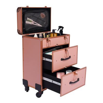 YUTOUB 3 Layers Professional Rolling Makeup Case, 360 Swivel Wheels Rolling Cosmetic Trolley w/Retractable Handle, Makeup Travel Case Suitable for Make-Up Artists, Beauticians, Rose Gold