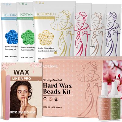 KOTAMU Hard Wax Beads, 6 Packs Waxing Beads for Hair Removal- Facial Bikini Brazilian Leg Sensitive Skin Full Body- Stripless Wax Beans Kit for Coarse & Fine Hair, Ideal for Women Men Home Salon Use