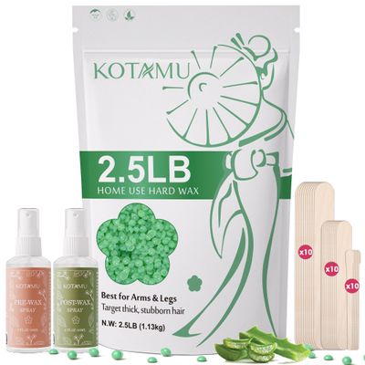KOTAMU Waxing Beads for Women & Men, 2.5lb Hard Wax Beads for Hair Removal, Aloe Vera Wax Beans Bulk with 30 Wax Sticks Suitable for Sensitive Skin,Arm,Leg,Thick,Stubborn Hair,Home & Salon Waxing