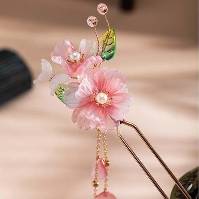 1 pcs Rabithenn Pink Peach Blossom with Leaves and Tassel Hairpin Chinese Hanfu Style Hair Fork Resin Handmade Hair Clip for Women Girls Long Hair